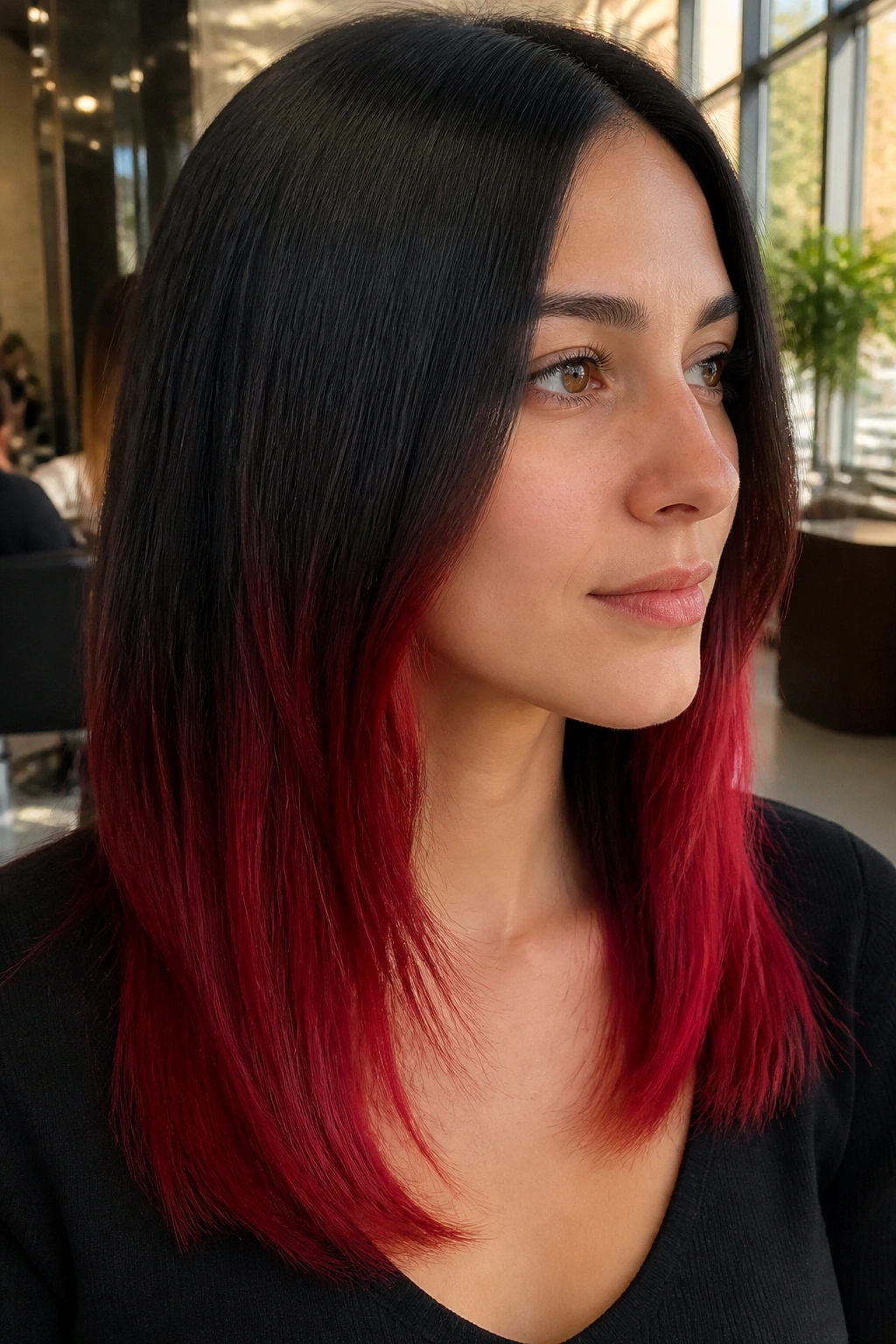 Close-up of a real person with black roots and crimson ombré starting below the chin