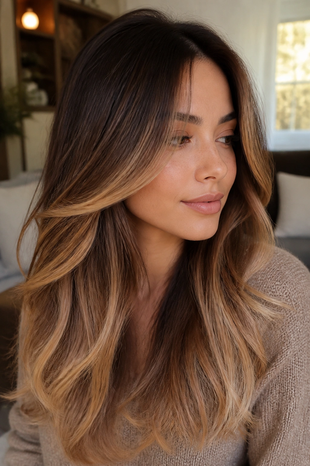 Close-up of a real woman with deep brown to soft gold ombré and curtain layers framing her face
