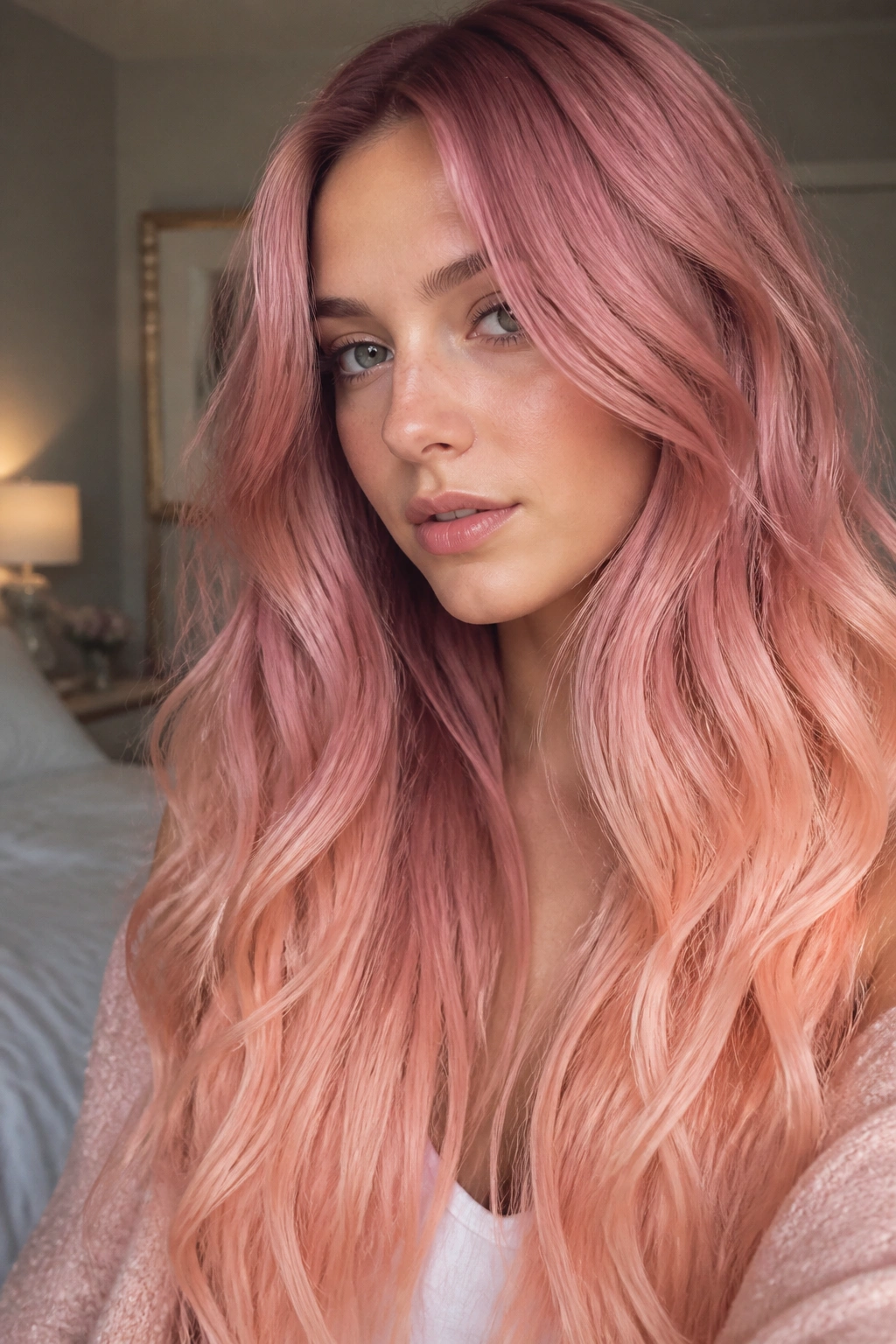 Close-up of long hair in dusty rose to peach blush ombre on a real person.