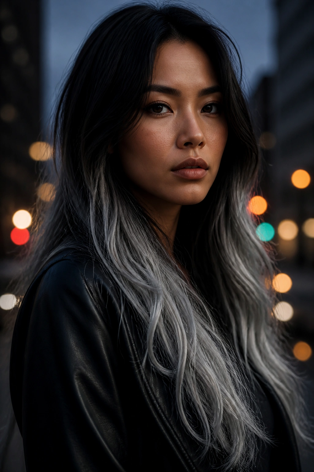 Close-up of jet black to silver smoke ombre on long hair