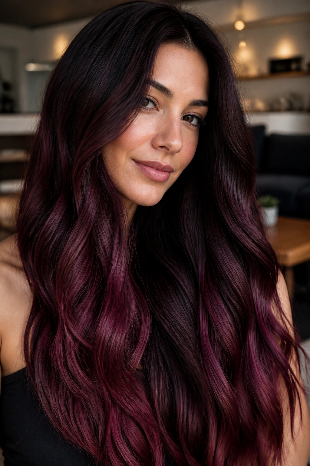 Close-up of long hair with black cherry to berry wine ombre on a real person.
