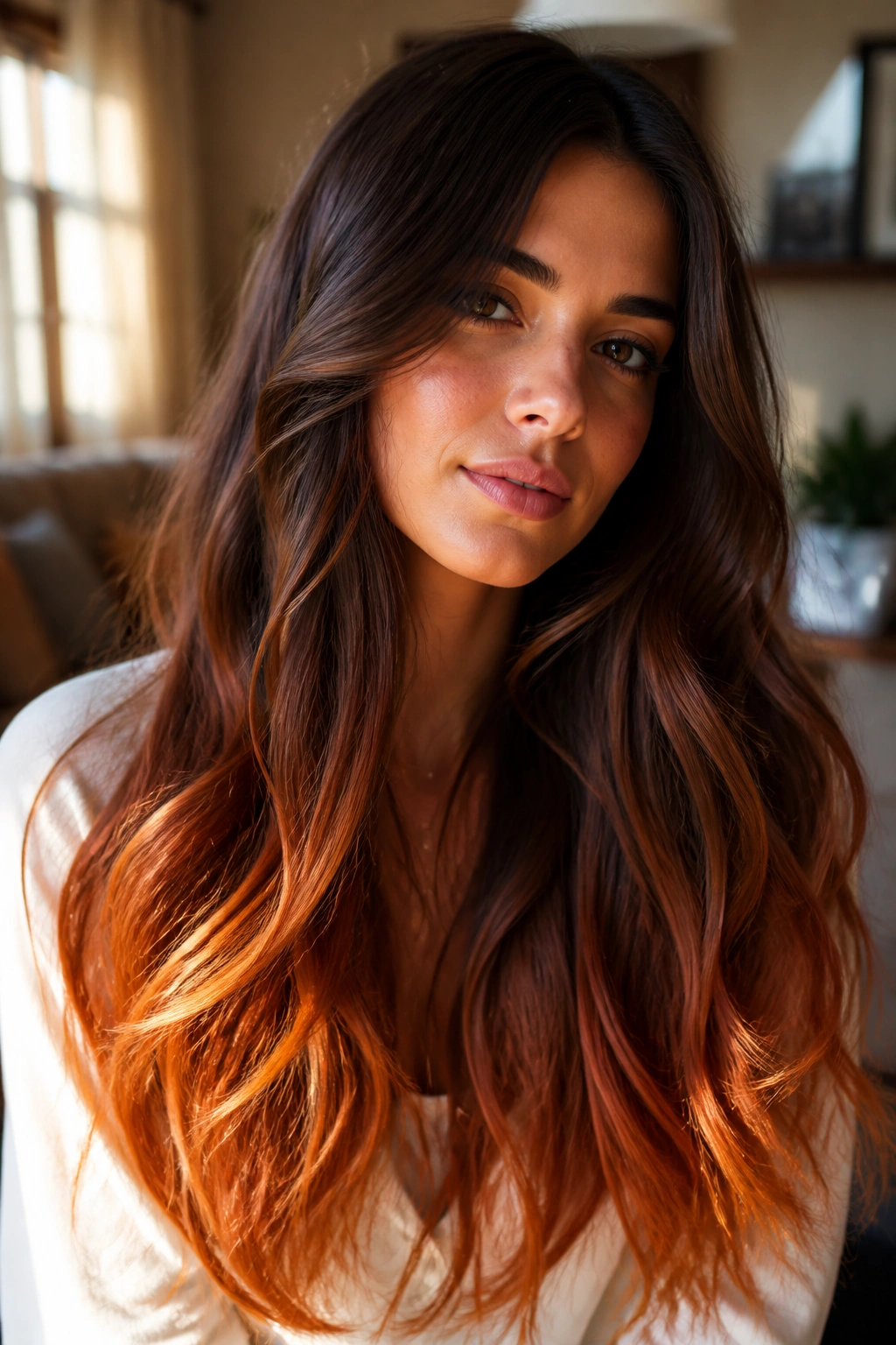 Close-up of long hair in Coffee to Amber Copper ombre on a real woman.