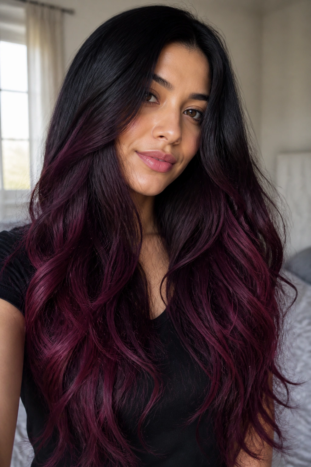 Close-up portrait of a woman with deep black to plum ombre hair.