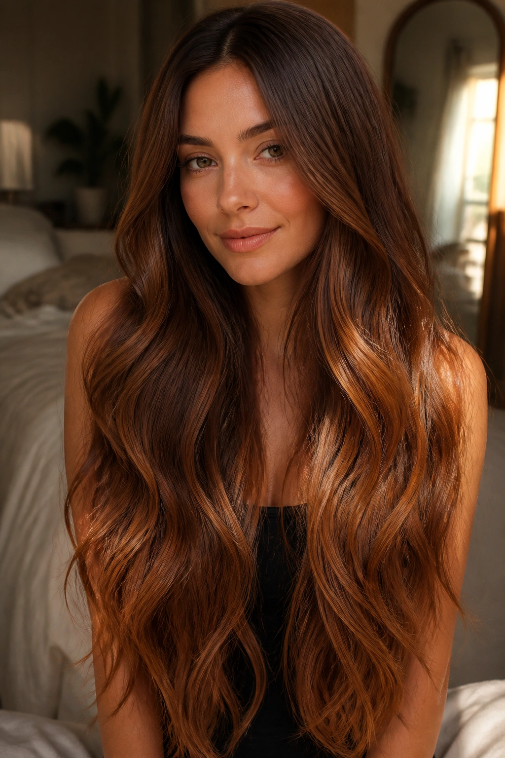 Close-up of waist-length hair with chestnut roots fading to cinnamon glaze