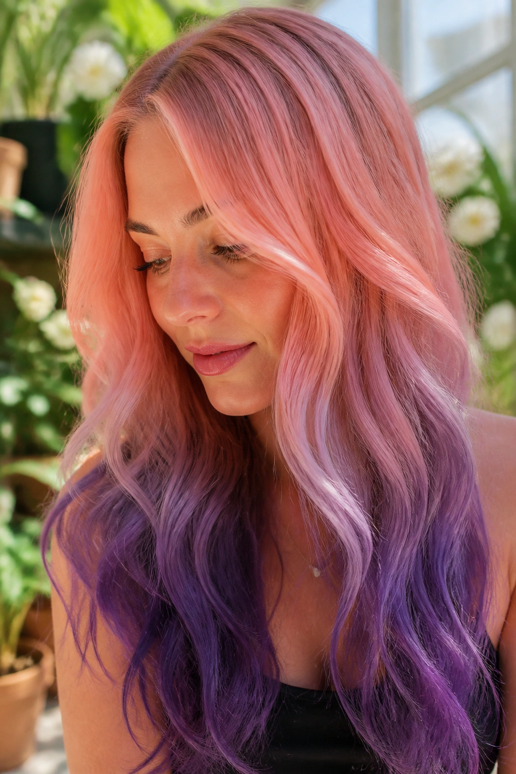 Close-up of a real woman with peachy pink to grape purple ombre on long hair