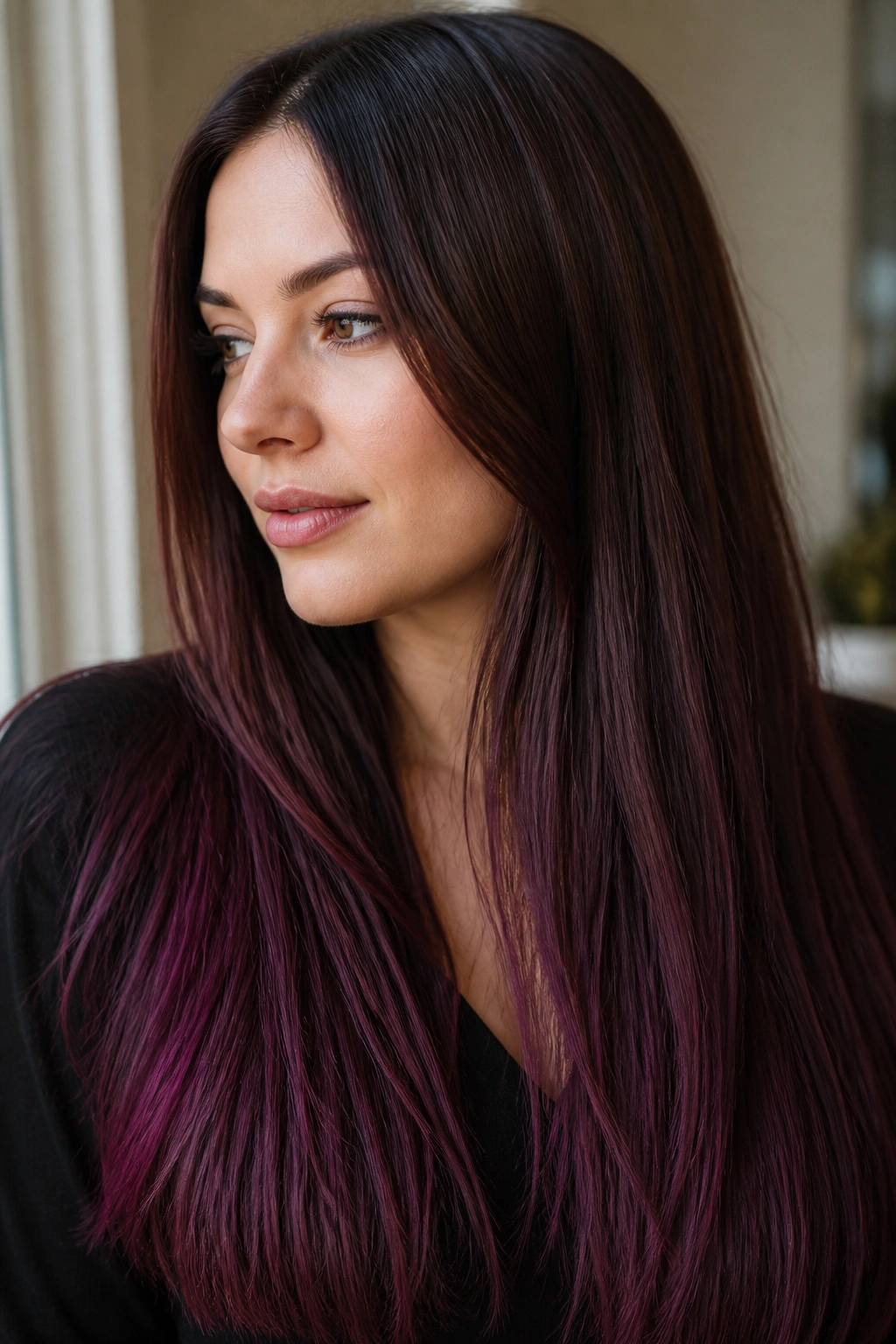 Close-up of a real woman with chocolate brown to plum ombre on long hair.