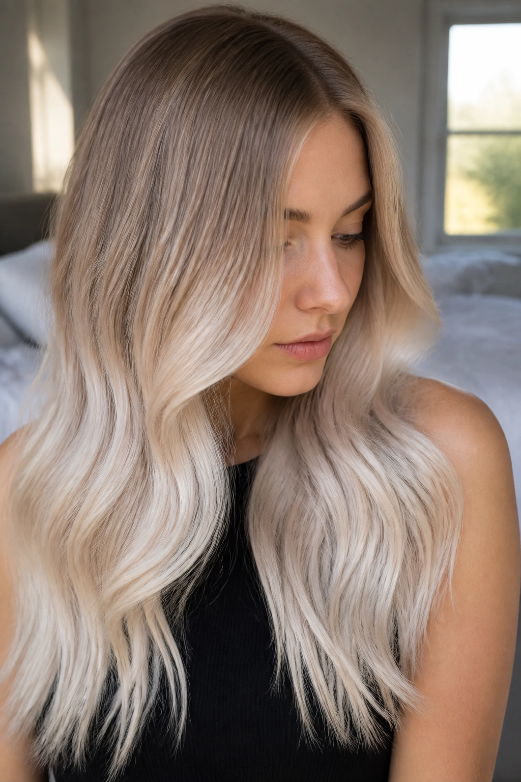 Close-up of rooted blonde with pearl ends ombre on long hair