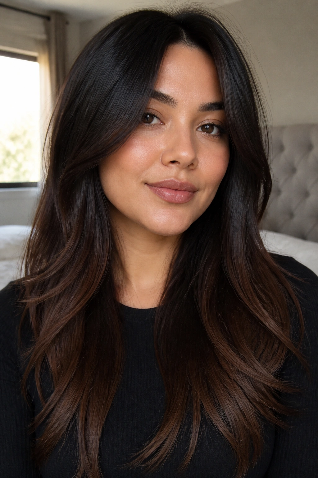Close-up of real woman with espresso-to-chocolate ombre starting below the chin