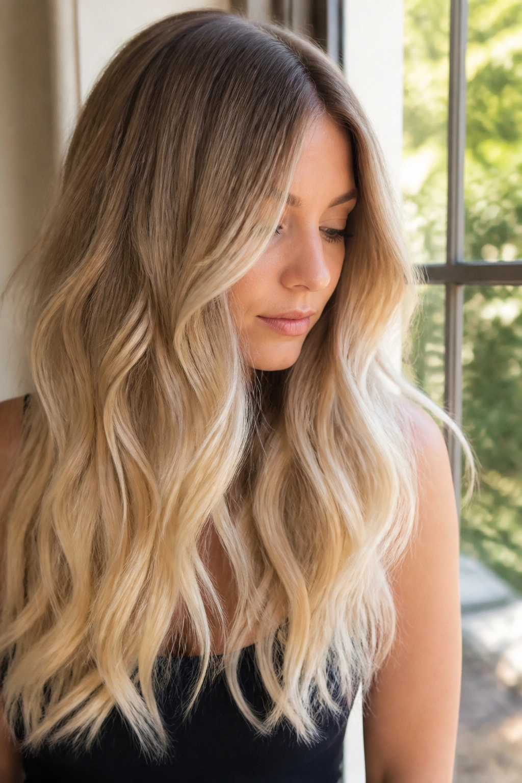 Close-up of long layered hair transitioning from sandy blonde to vanilla cream