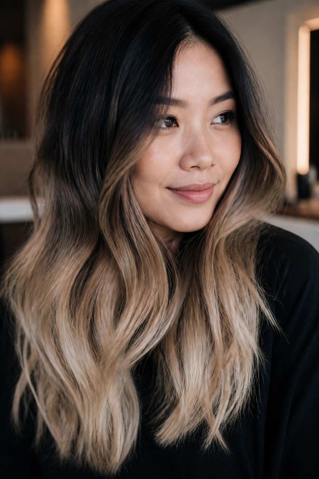 Portrait of a person with smoky blonde ombre from mid-lengths down