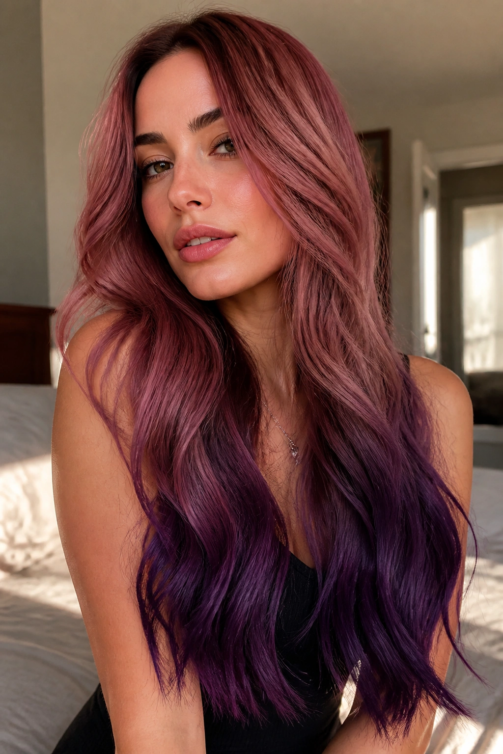 Close-up of a real woman with smoky rose to eggplant ombre on long hair, natural window light