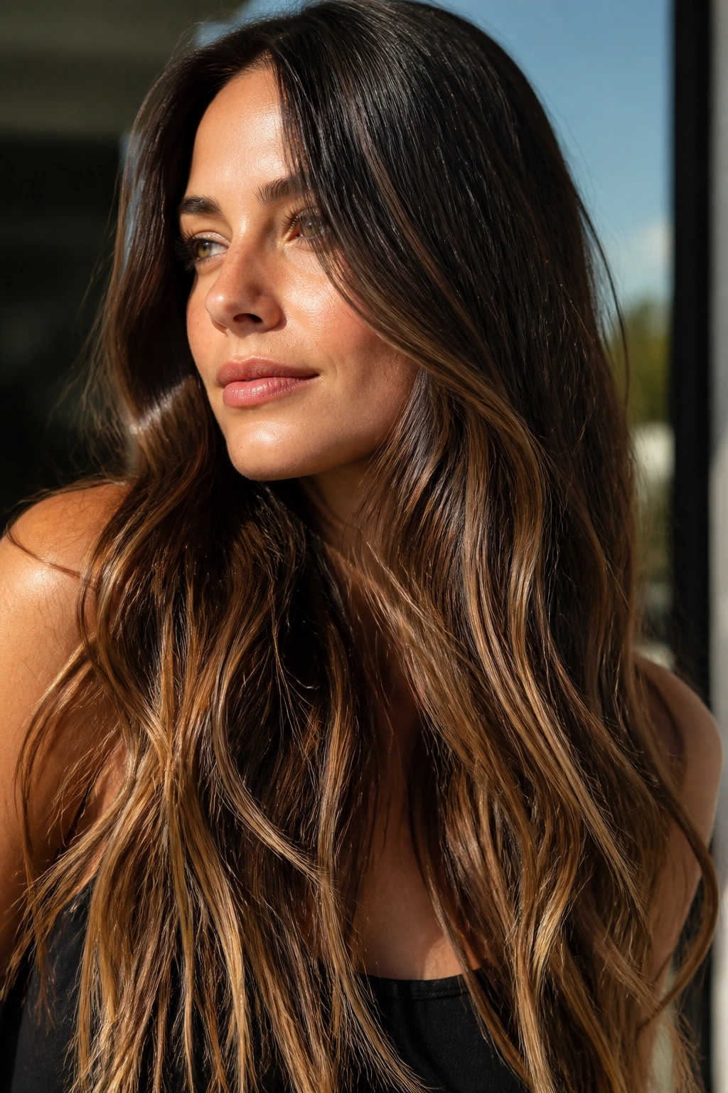 Close-up of long hair with sunlit brunette ribbon ombre on a real person.