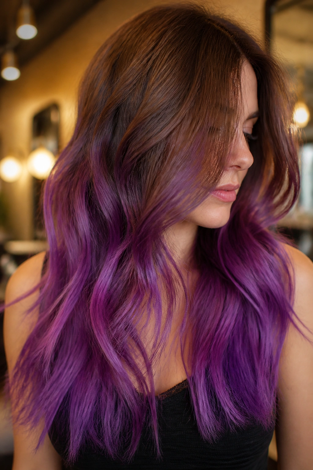Close-up portrait of hair transitioning from brown roots to violet ends on a real person