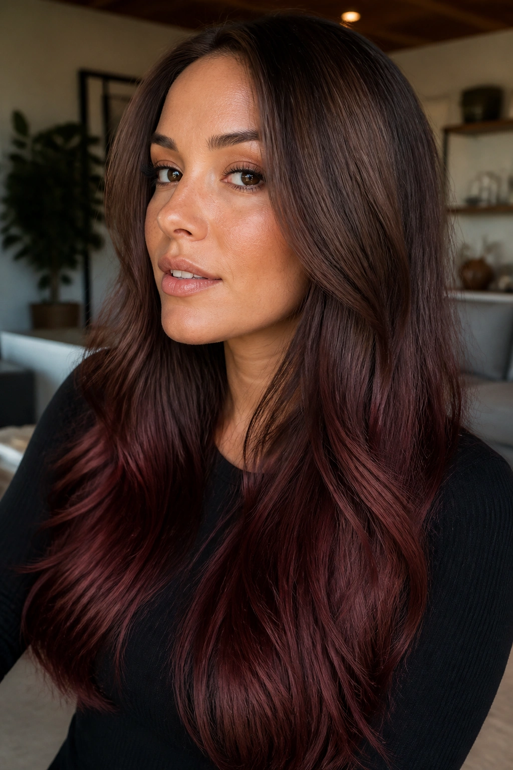 Close-up of a real person with dark latte to mahogany ombre.