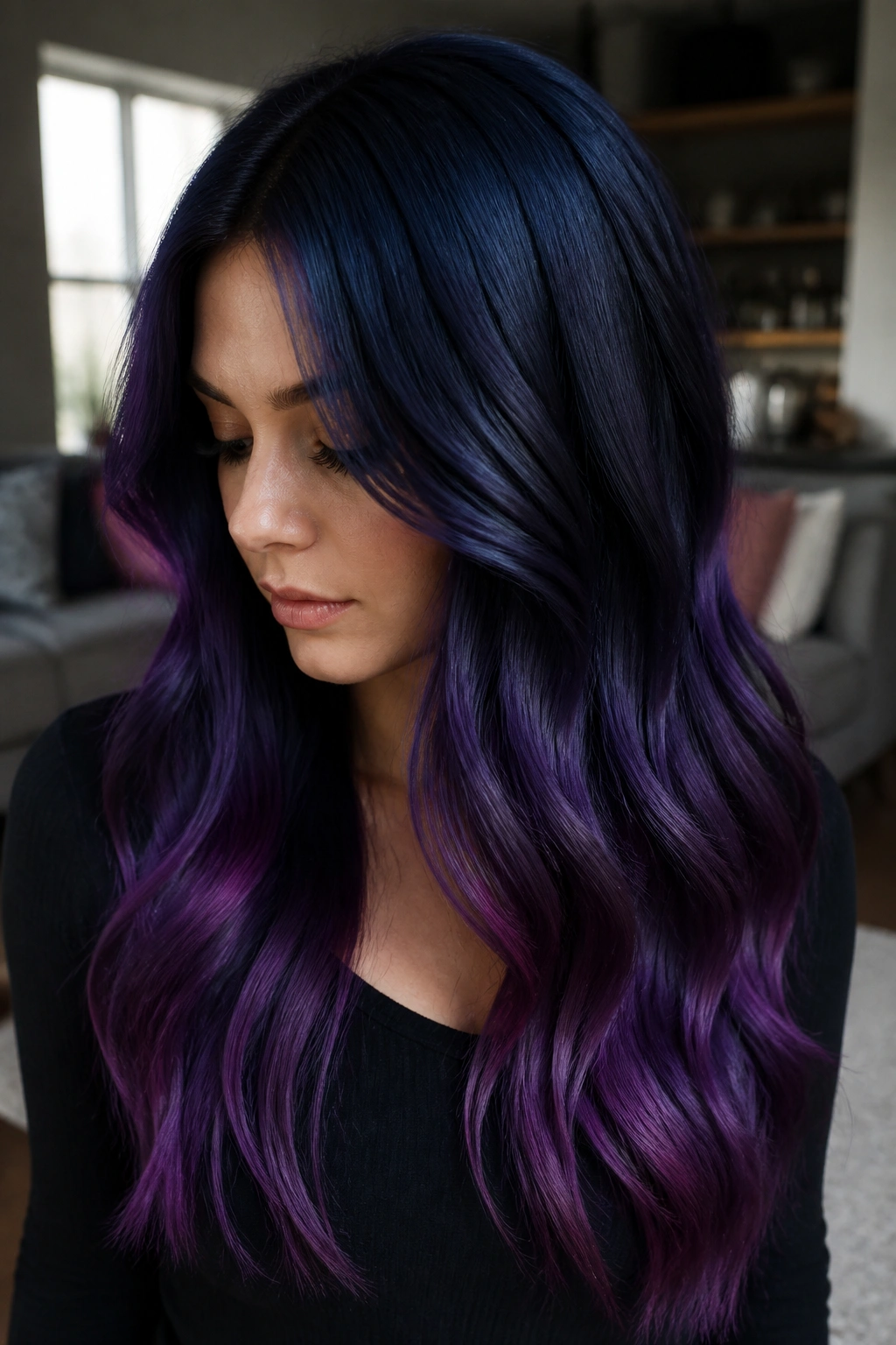 Close-up portrait of a woman with midnight blue to purple gradient hair.