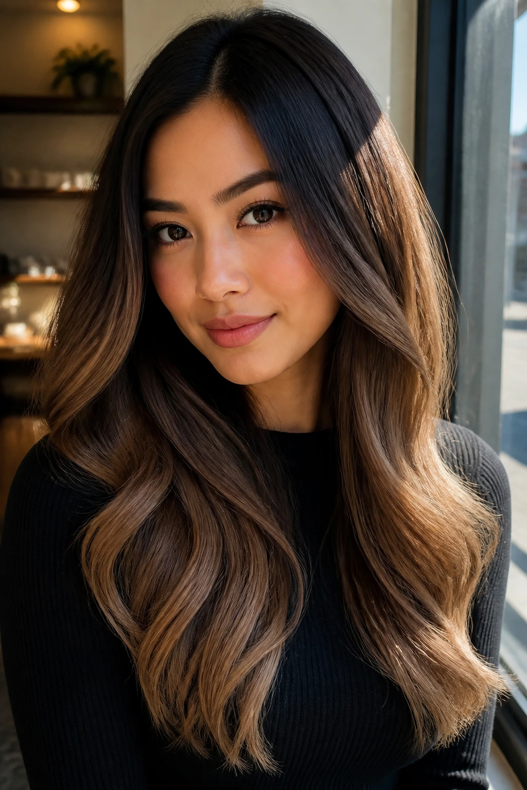 Close-up of soft ombré transition from dark root to milk chocolate ends on a real person