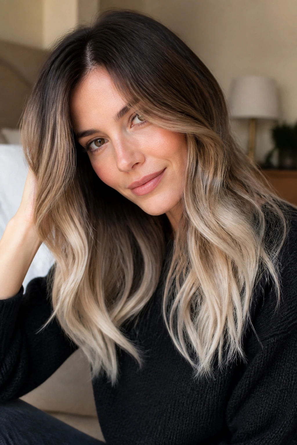 Close-up of a real woman with brunette-to-platinum ombré ends.