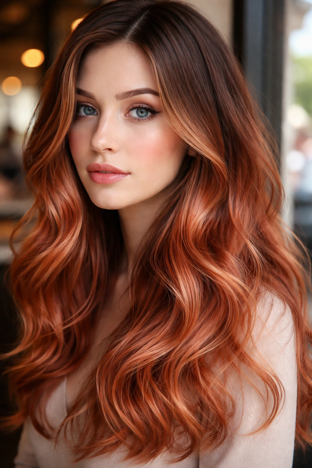 Close-up of a real woman with cool brown roots fading to strawberry copper ends in ombre
