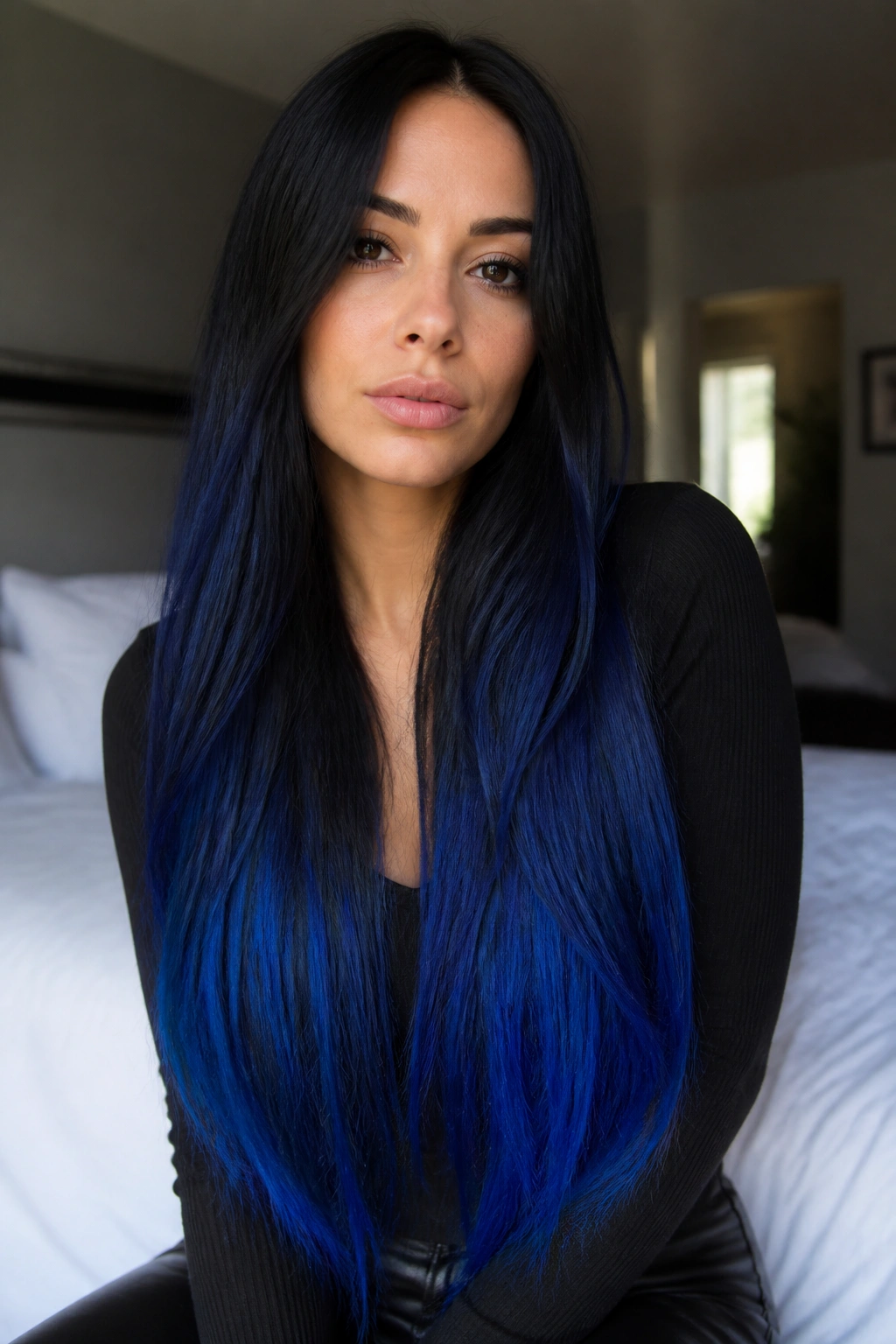 Close-up of real woman's waist-length ombre hair transitioning from black to navy to cobalt