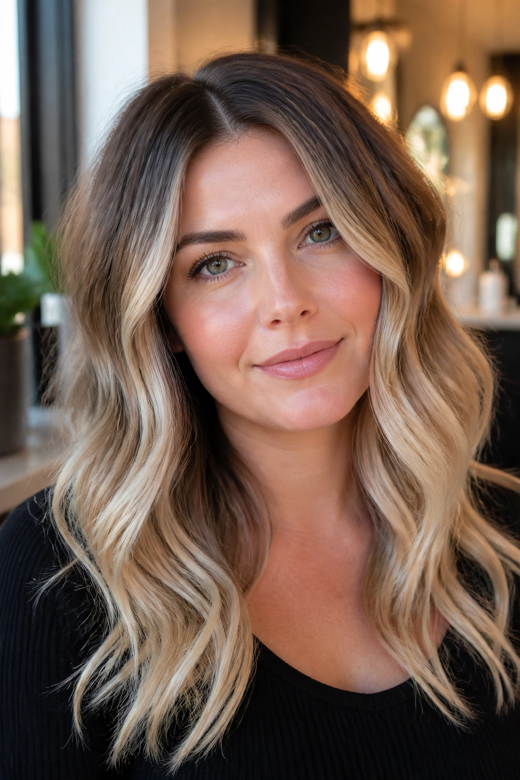 Close-up of a real woman with dimensional ombré waves starting below the cheekbones.