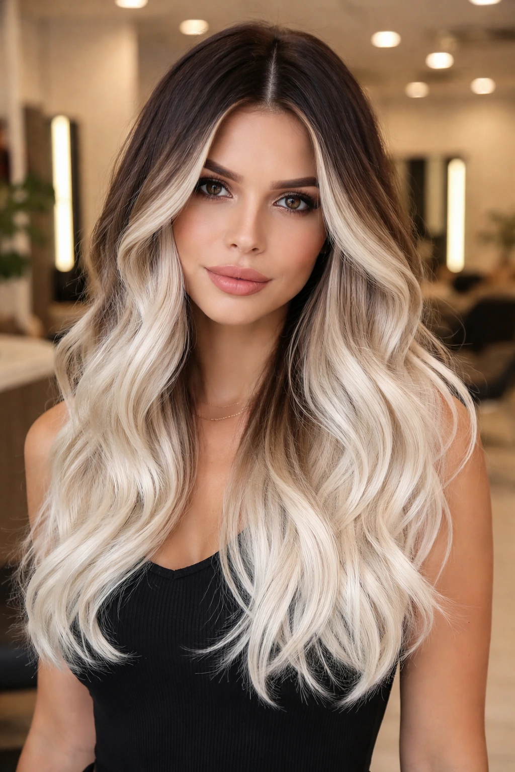 Close-up of a real woman with dark roots fading to white-blonde ends in an ombre style