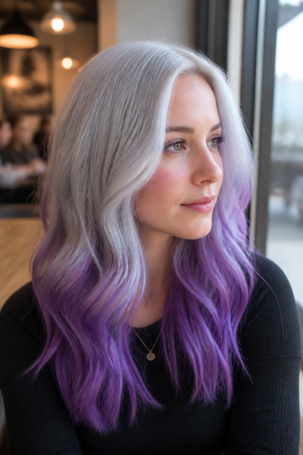 Close-up of a real woman with white-to-violet ombré hair in bright daylight