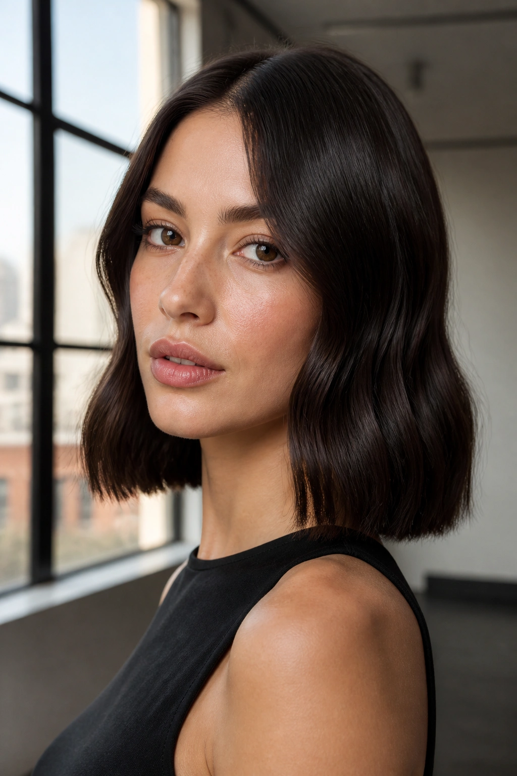 Real woman with one bend waves and blunt ends in a portrait