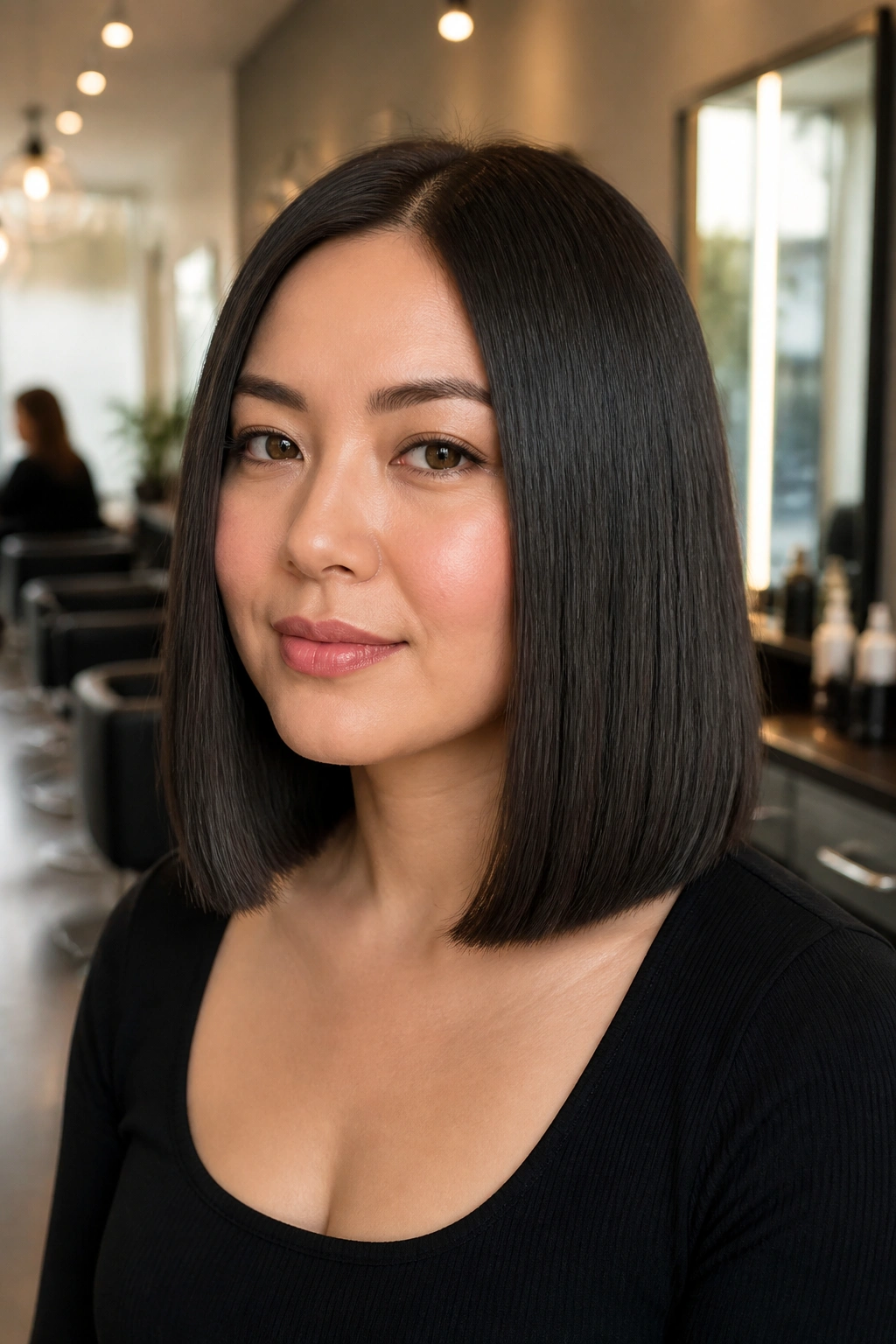 One-length blunt bob on a real woman with collarbone-length edges in warm salon light