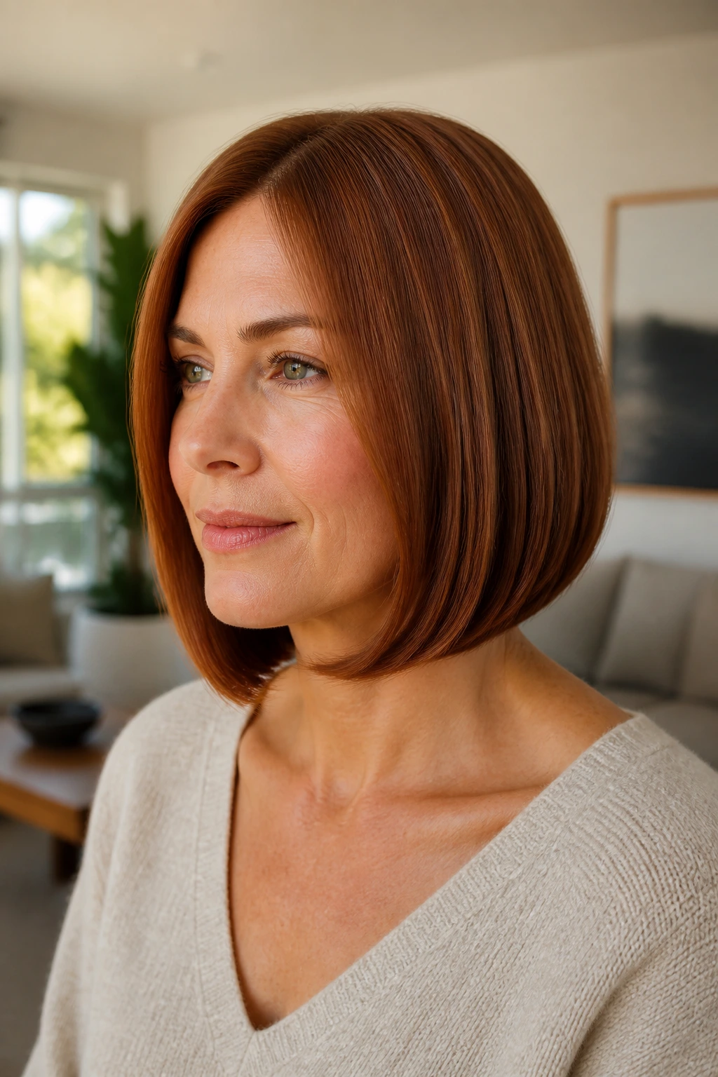 Portrait of a woman with a one-length bob and curved blowout in auburn copper.