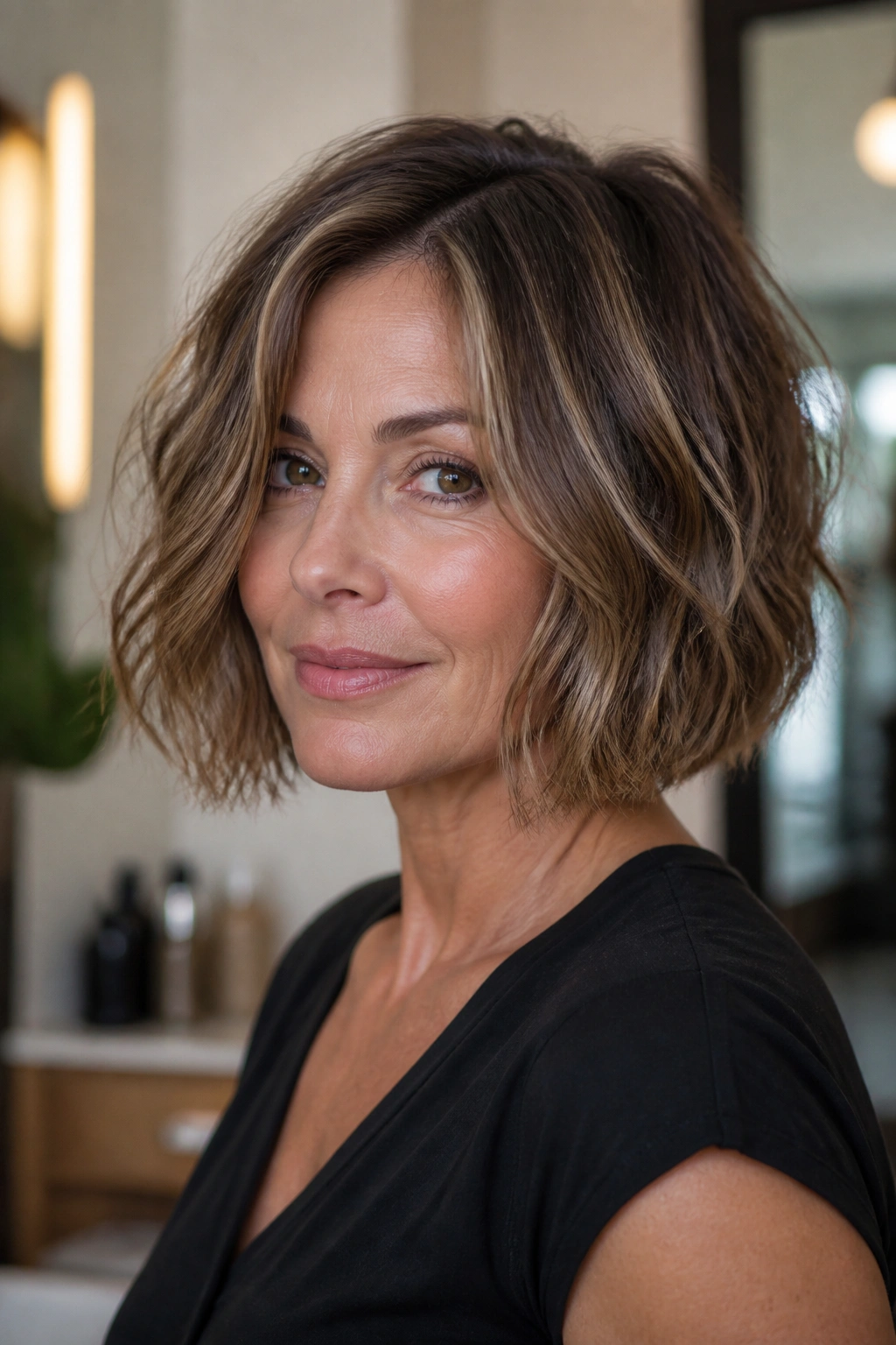 Real woman with one-length bob and hidden internal layers