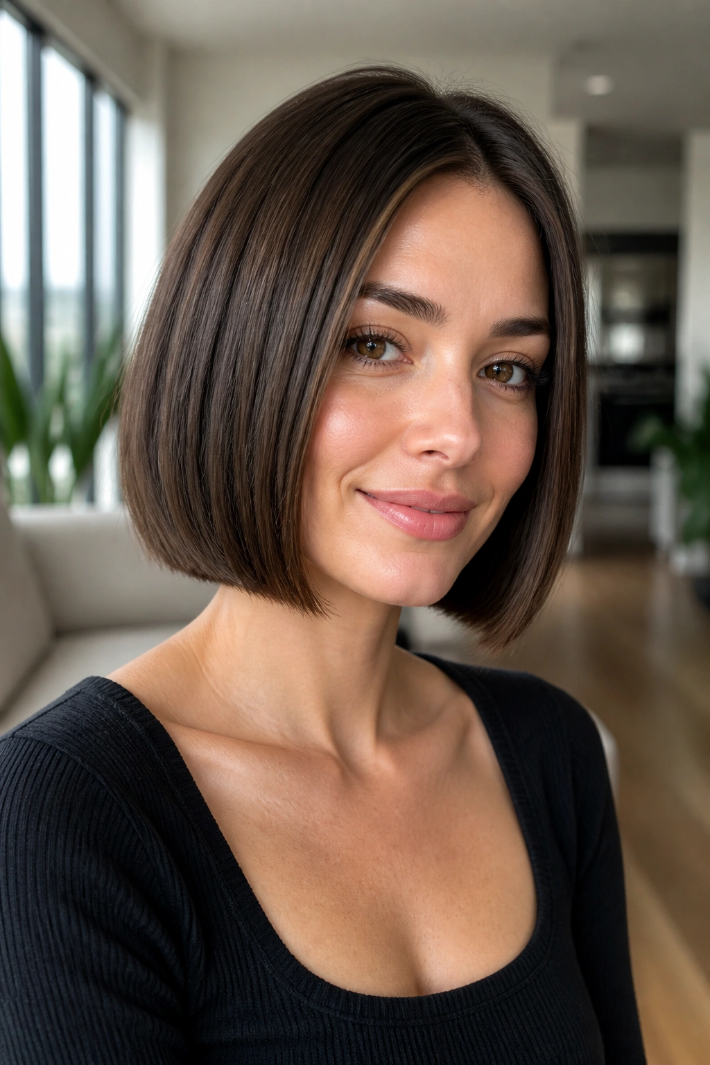 Close-up of real woman with one-length bob and internal texture in bright room