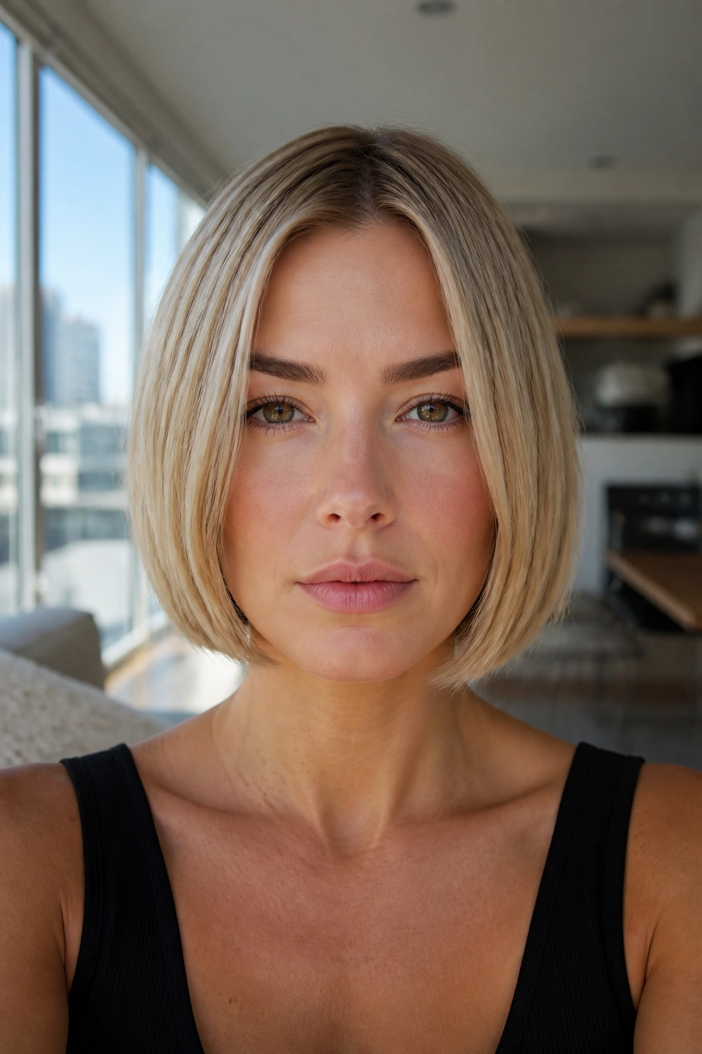 Real woman with one-length bob and micro layers in neutral blonde