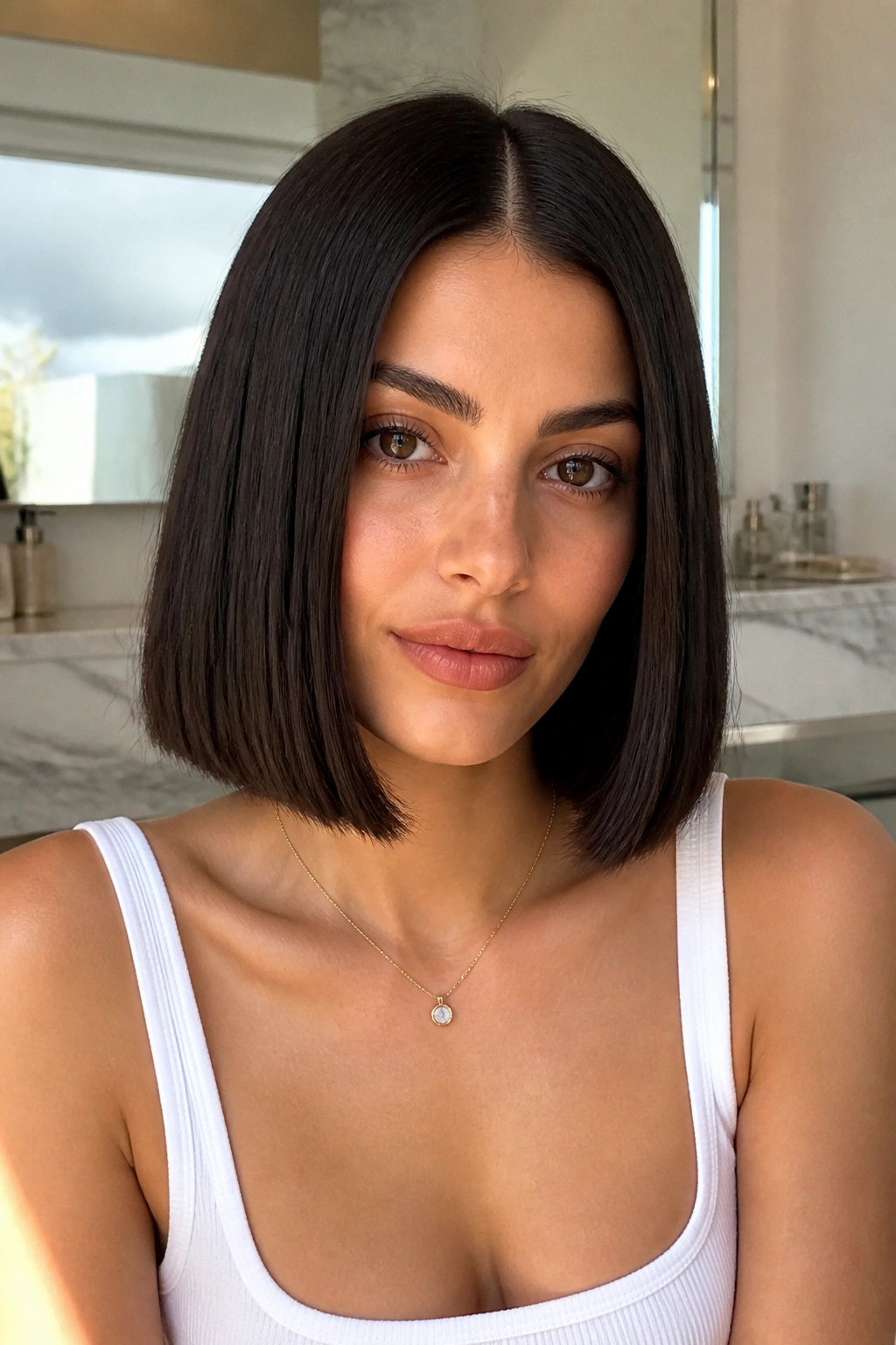 Close-up of a real person with a one-length bob and middle part