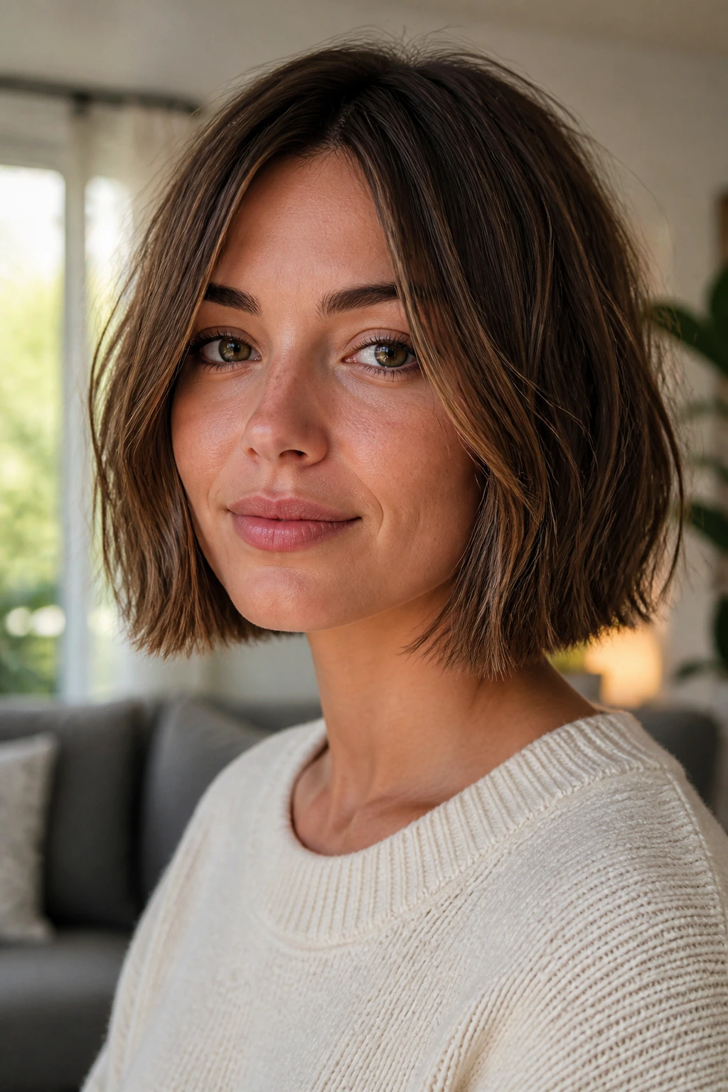 Close-up portrait of a real woman with a one-length bob and textured texture spray look