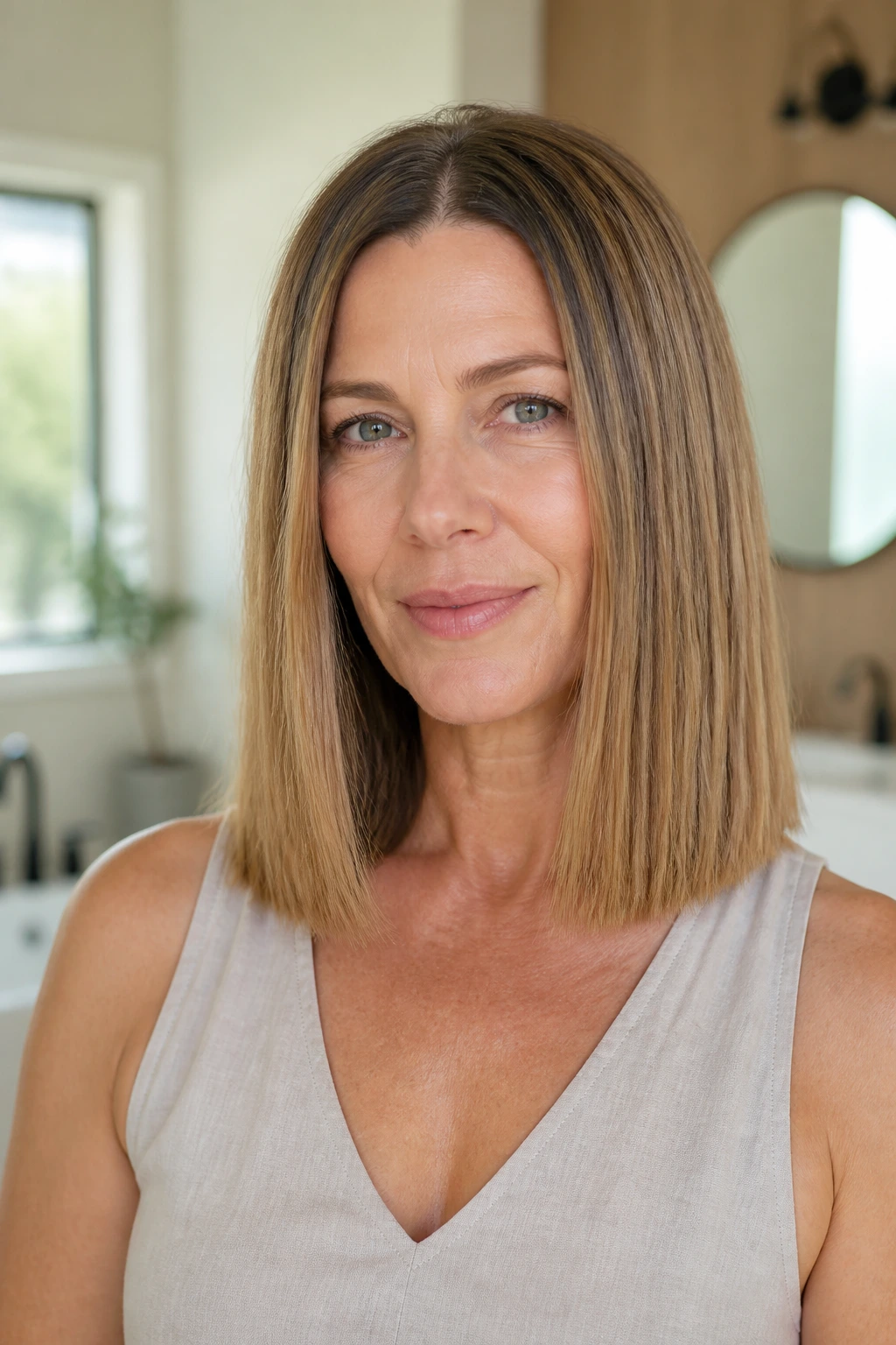 Real woman with blunt one-length haircut in bright room, close-up