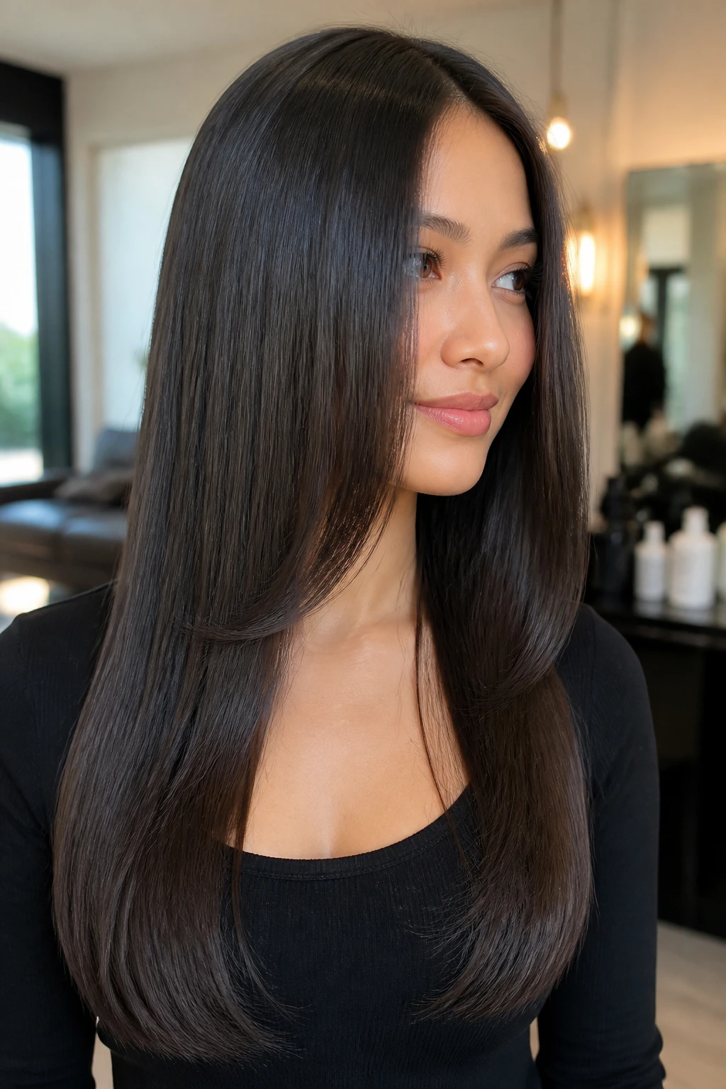 Close-up of real woman with long one-length cut and hidden face frame, sleek and smooth.
