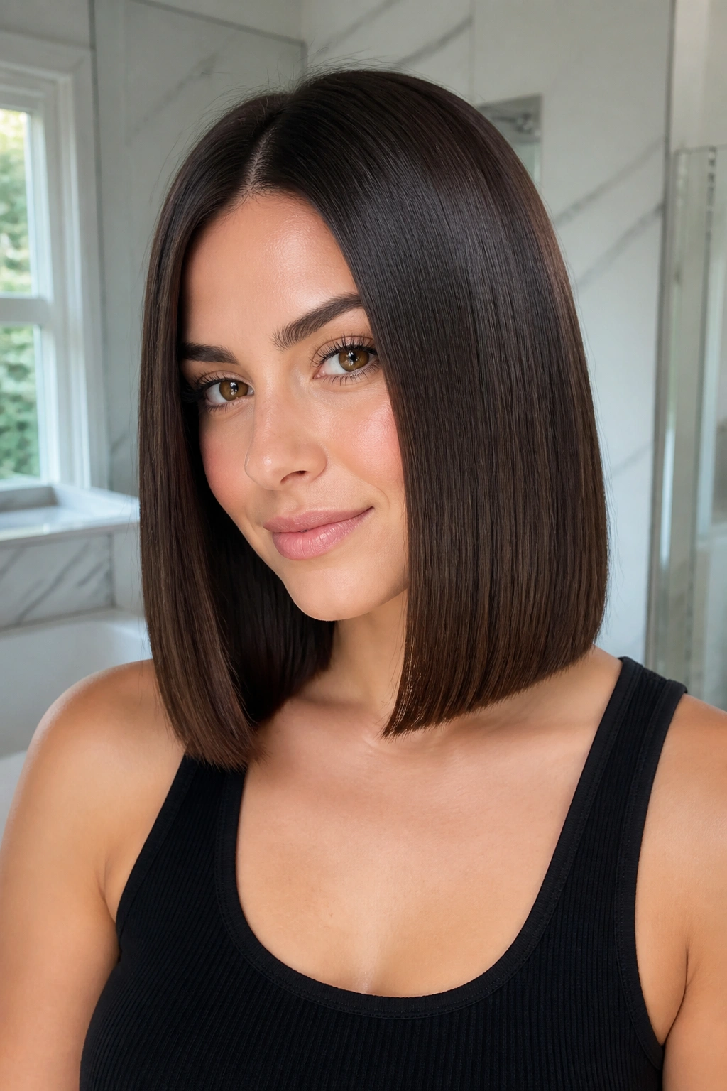 Portrait of a real woman with a one-length glass lob and precise ends.