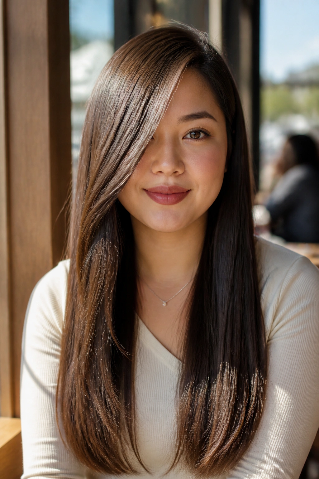 Real woman with long one-length hair and deep side part