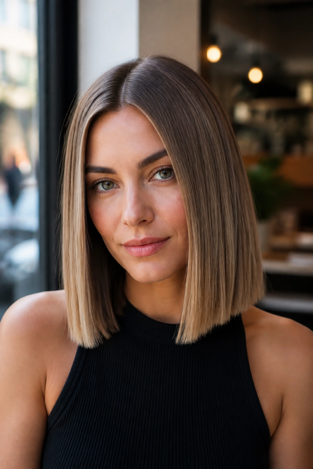 Close-up portrait of a real woman with a blunt lob and center part in natural daylight