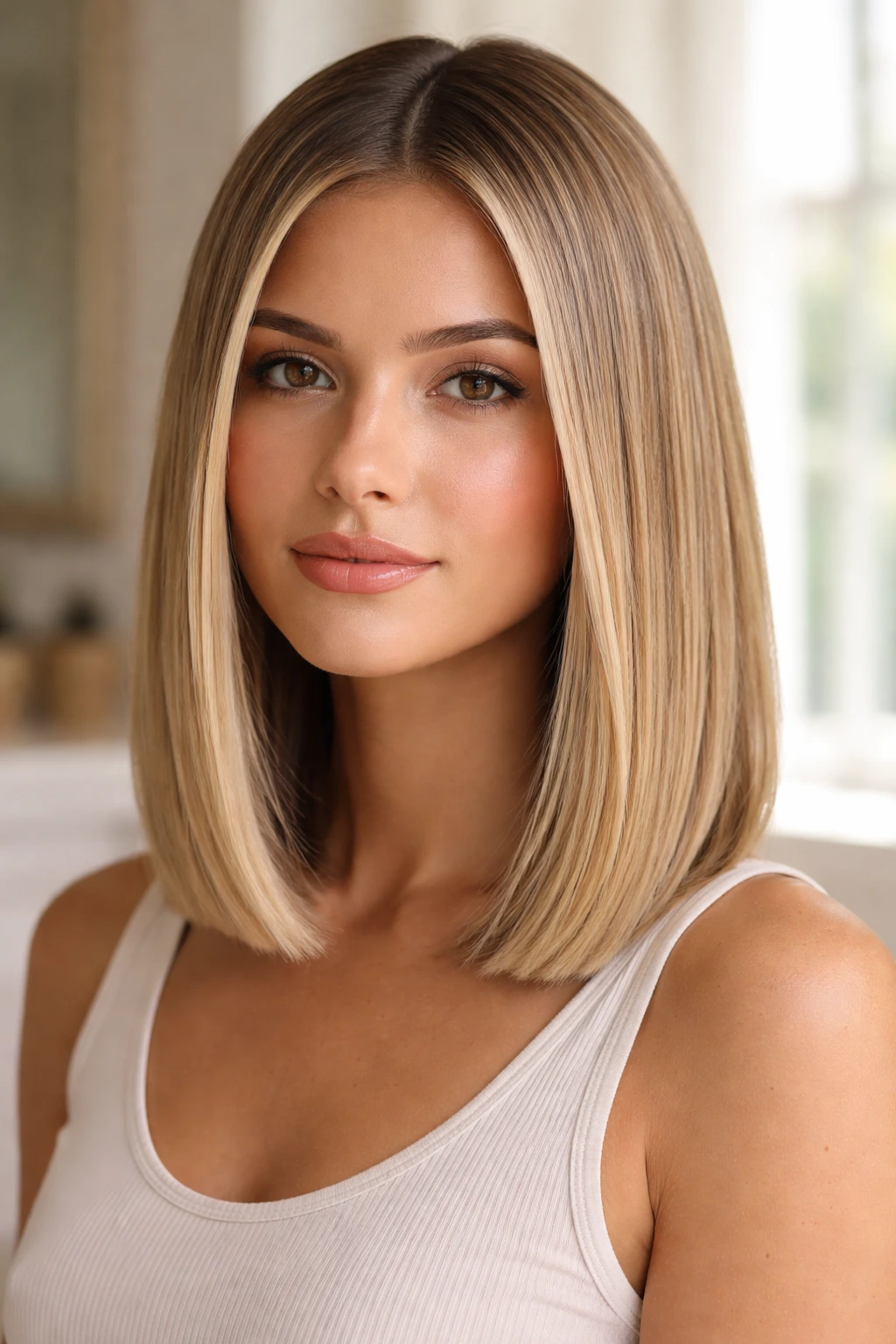 Close-up of a real woman with a blunt shoulder-length lob, glossy hydrated ends