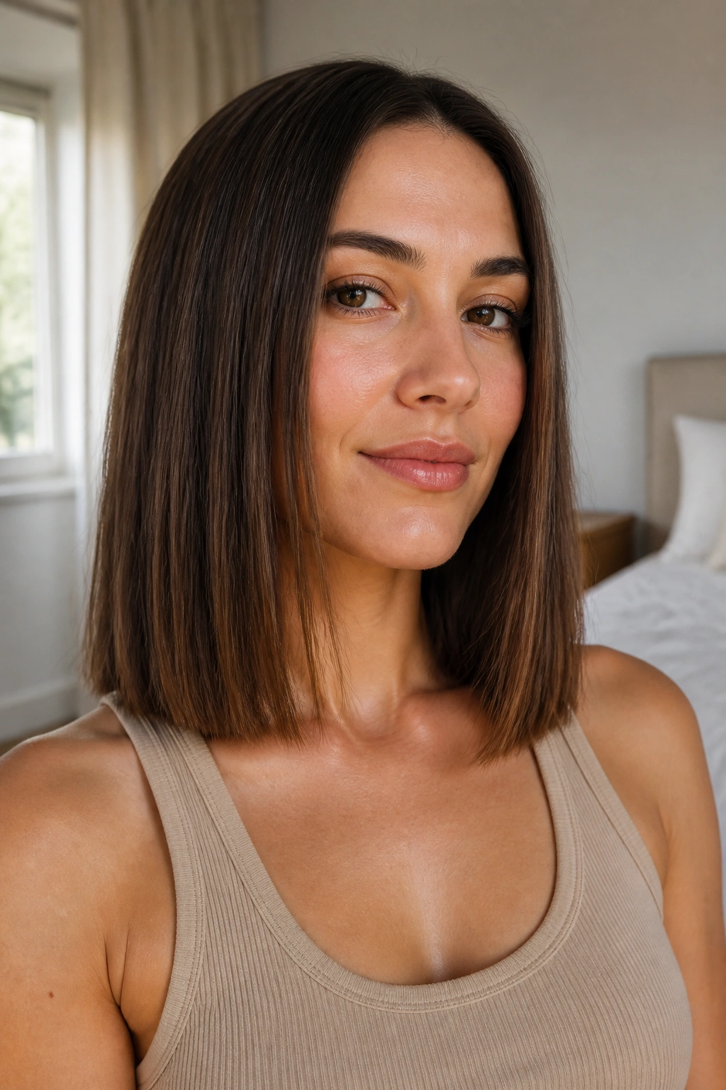 Close-up of a woman with a blunt one-length mid-length cut at the shoulders in a sunlit bedroom.