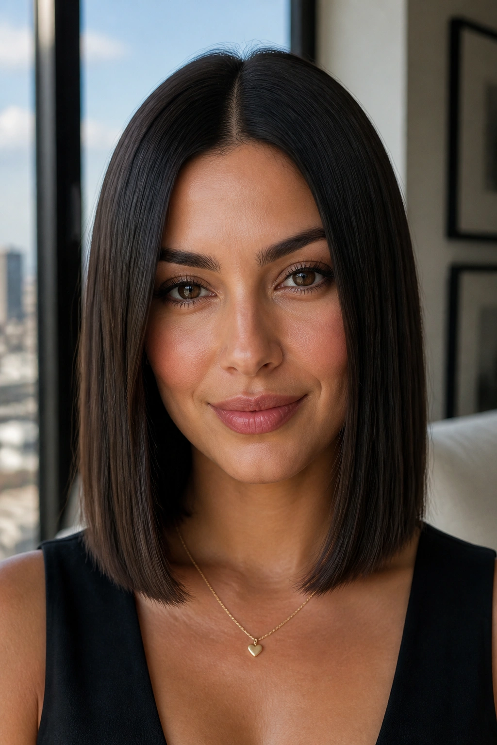 Close-up portrait of a real woman with a one-length midi cut and a strong middle part