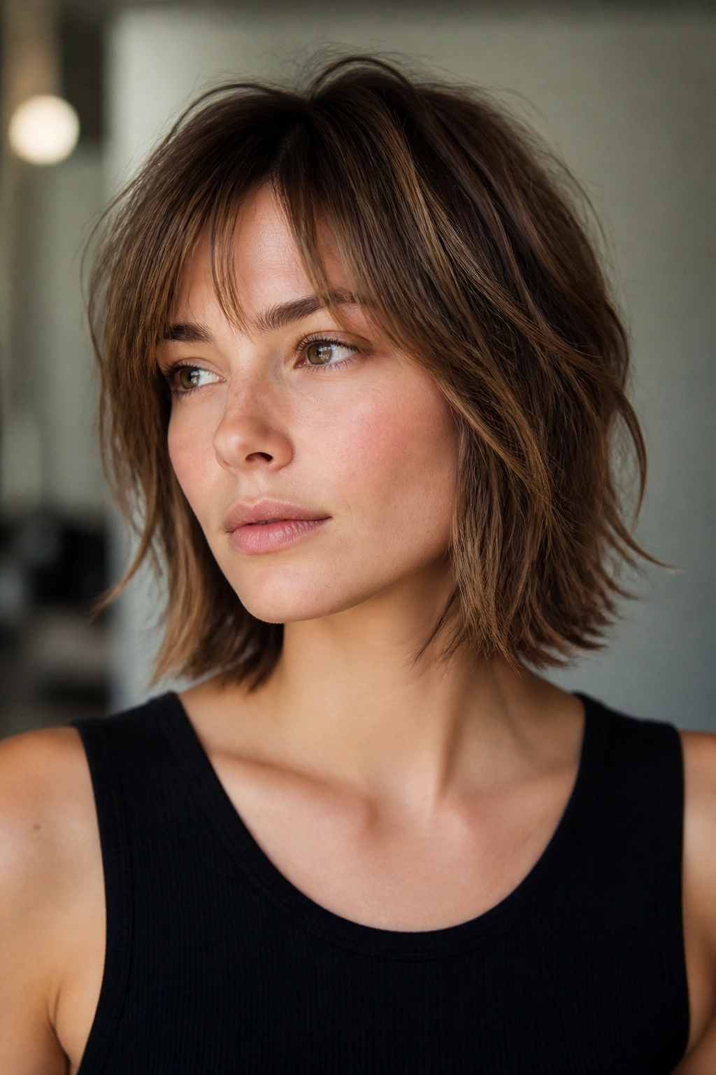 Close-up of a real person with a one length midi shag and airy texture