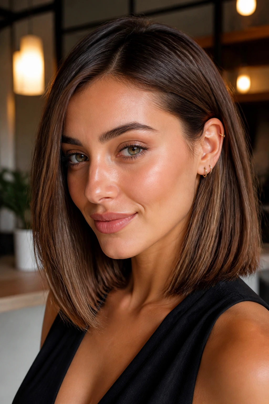 Portrait of a real woman with a one-length shoulder cut and tucked side.