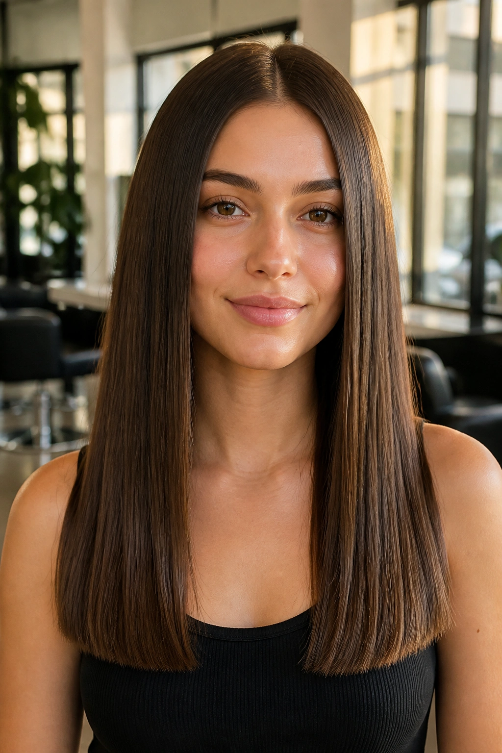 Close-up portrait of a real woman with a blunt one-length straight haircut at chest length