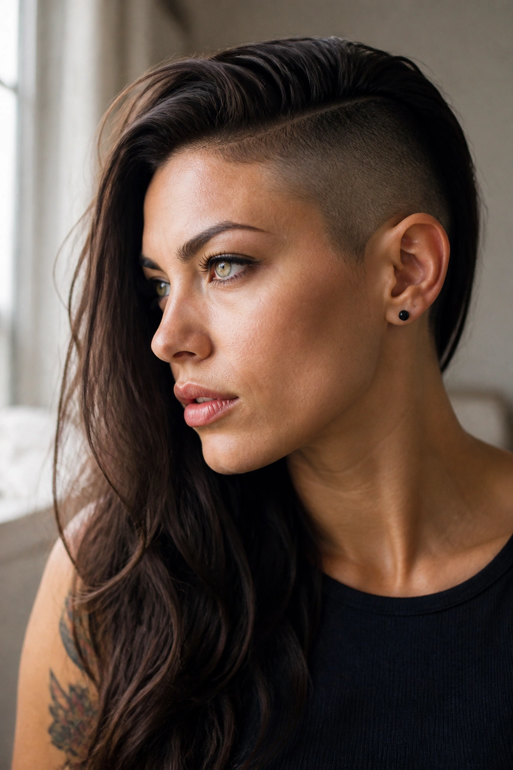 Close-up portrait of a real person with a shaved side and long rest of hair