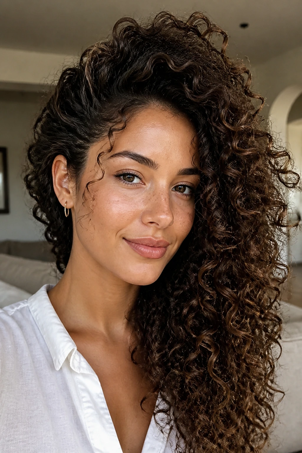 Portrait of real person with one-side tuck and big top volume in natural light