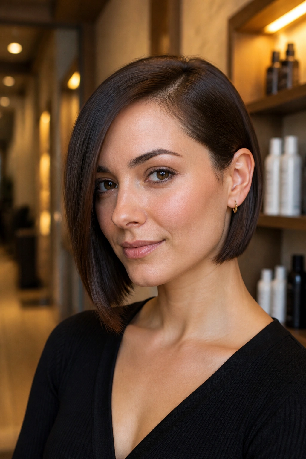 Portrait of a real woman with one-side tucked ear-length bob