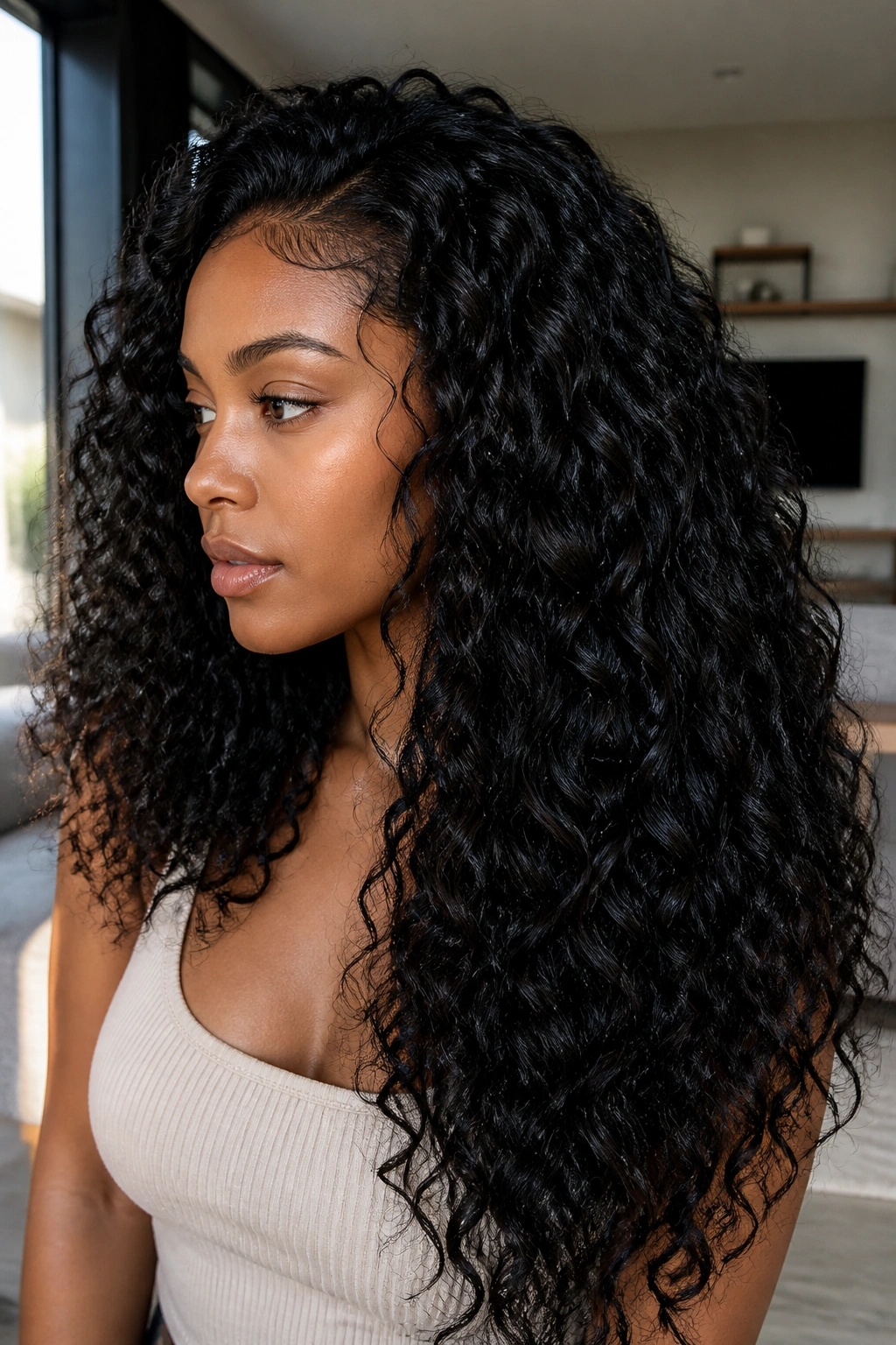 Close-up of real person with onyx gloss black hair