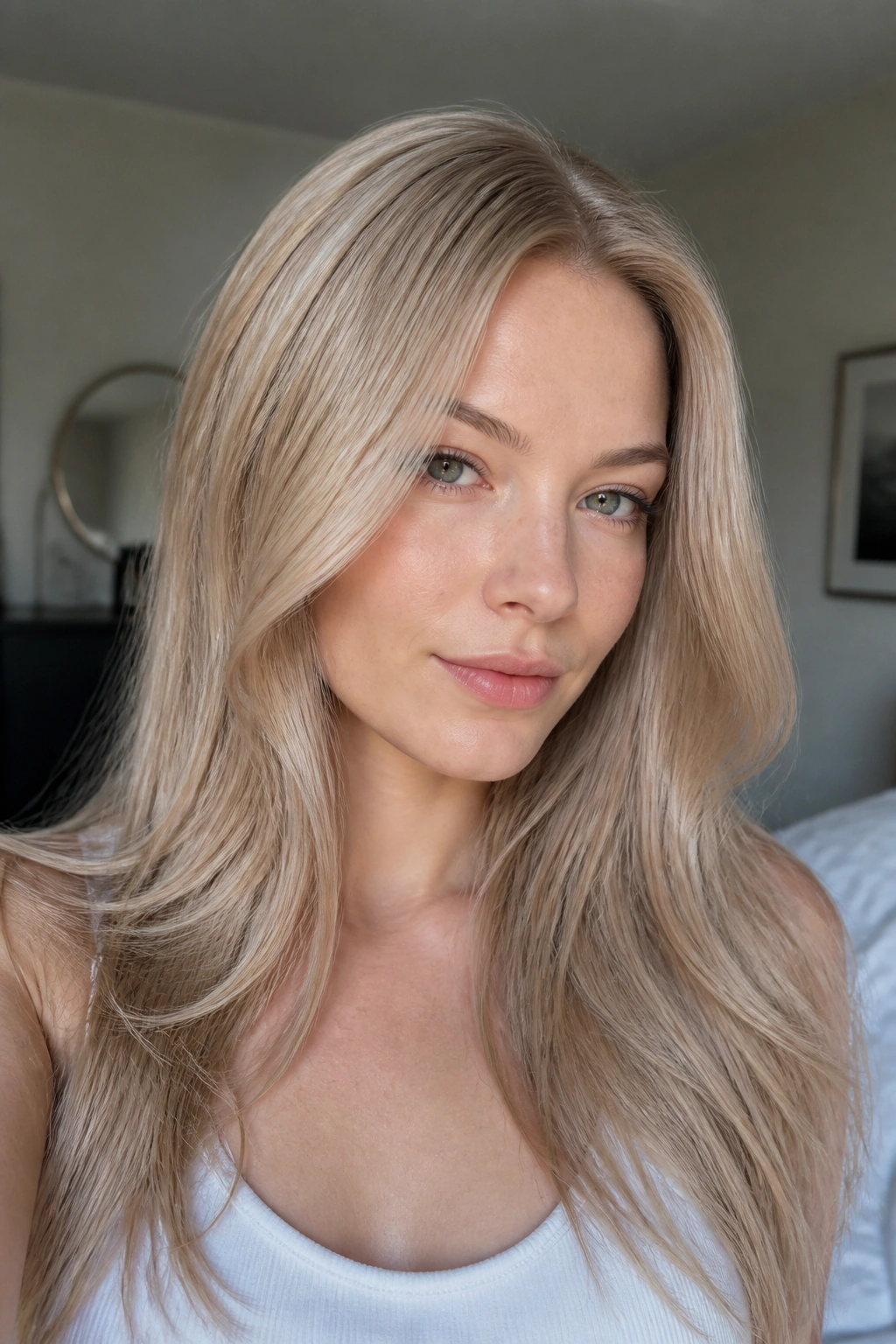 Close-up of a real person with opal beige sandy blonde hair and soft glow